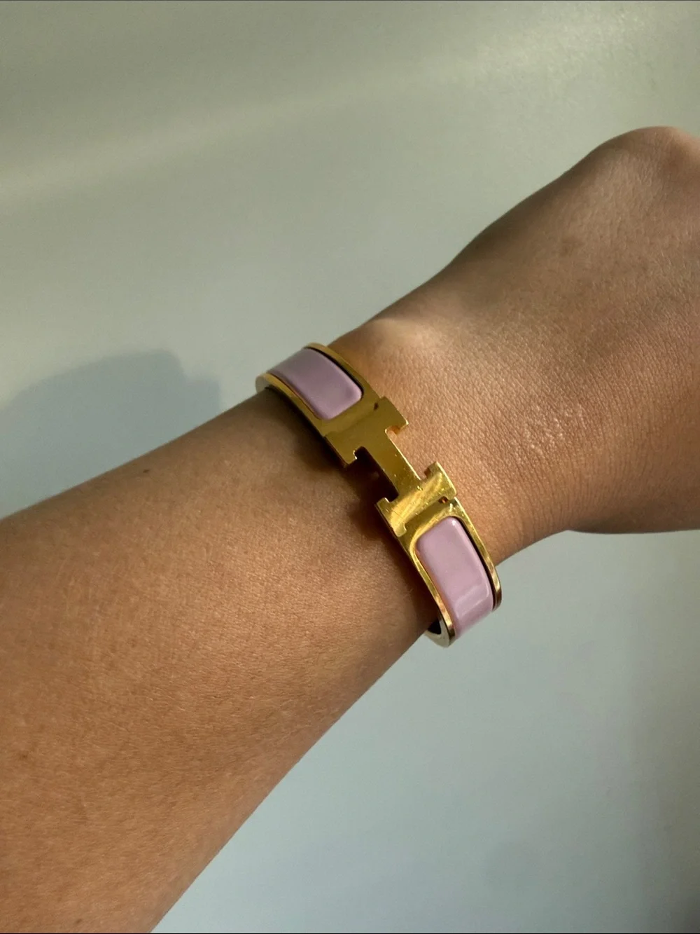 Hermes Pink & Gold Clic H Bracelet PM size